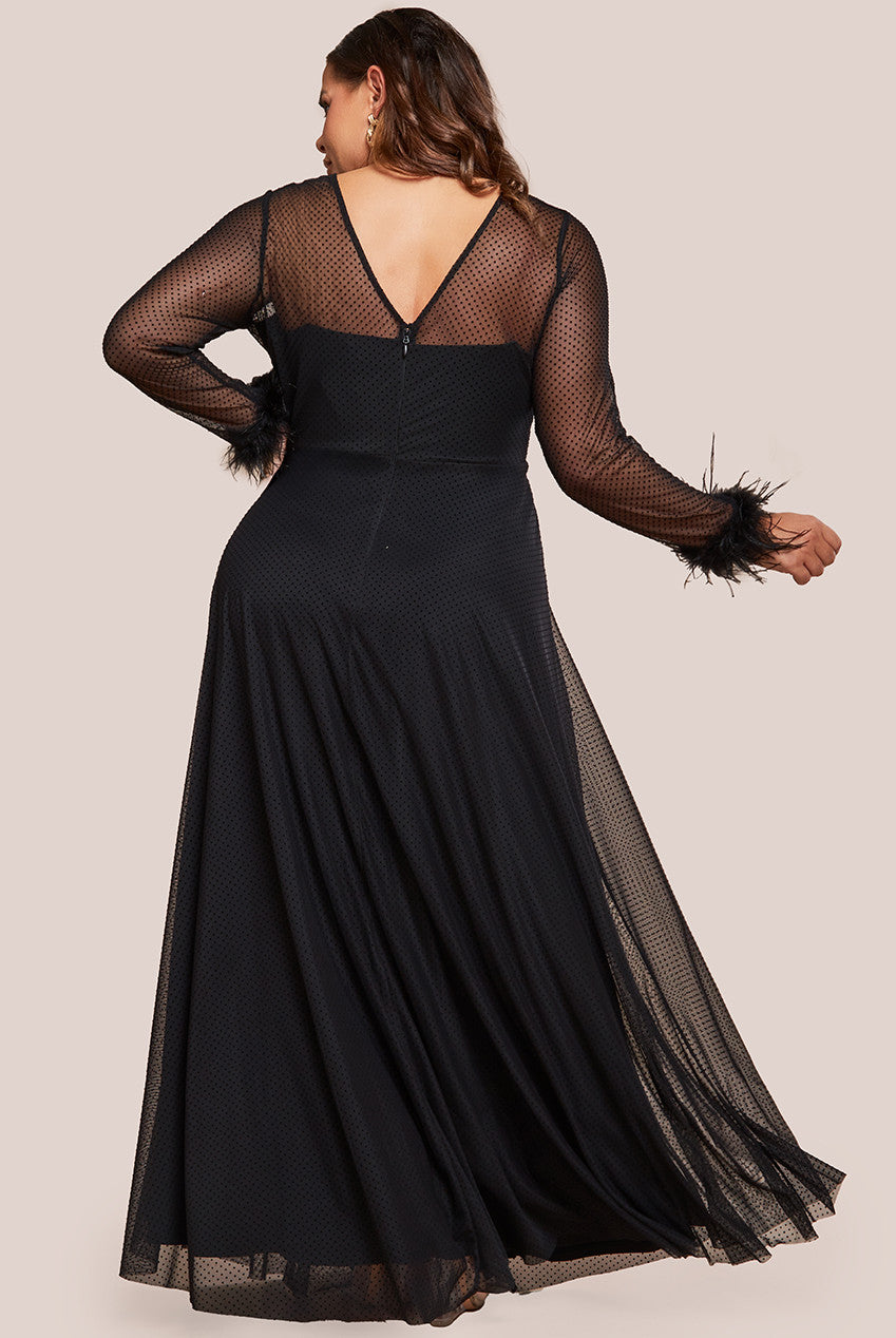 Goddiva Plus Dobby Mesh Feather Sleeve Hem Maxi Dress - Black