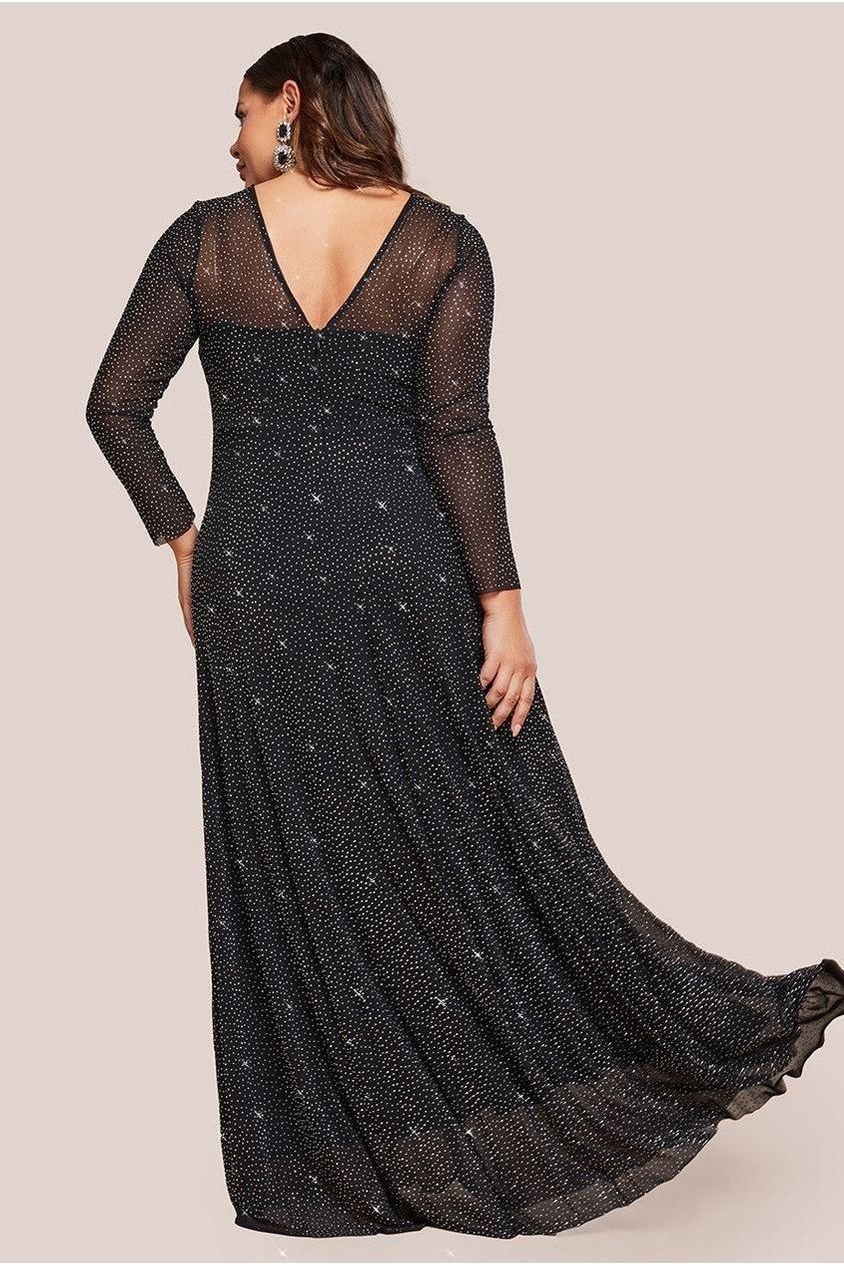 Goddiva Plus Hotfix Diamante Mesh A-Line Long Sleeve Maxi Dress - Black