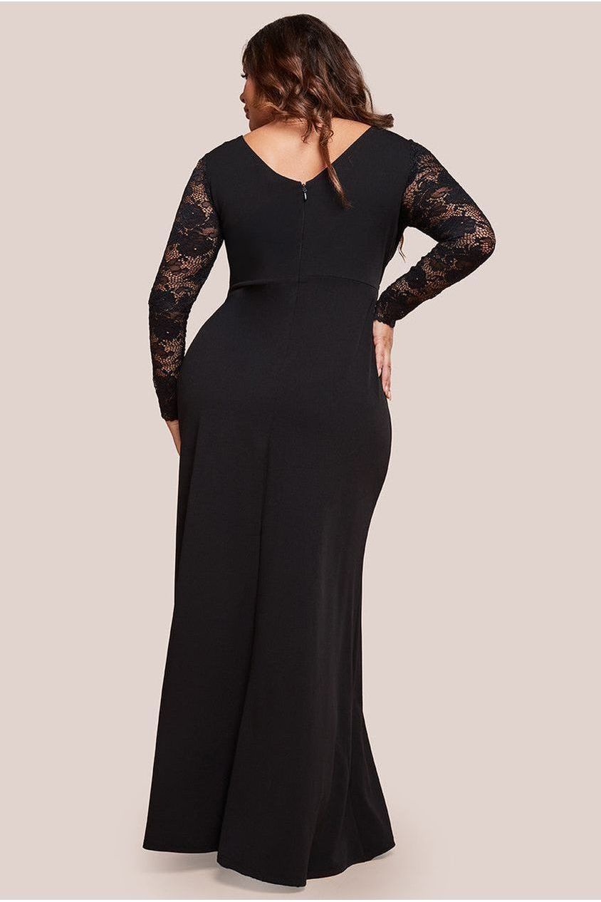 Goddiva Plus Scuba & Lace Wrap Maxi Dress - Black
