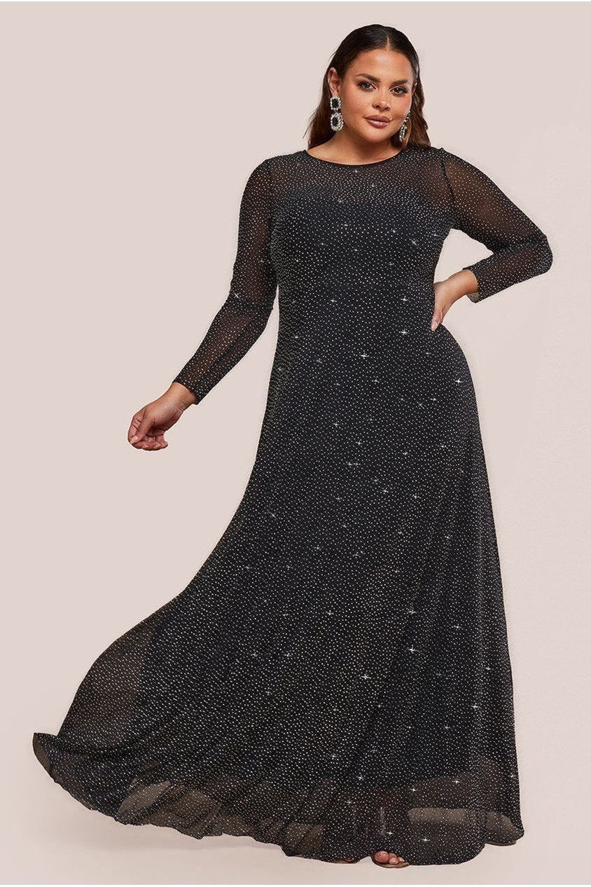 Goddiva Plus Hotfix Diamante Mesh A-Line Long Sleeve Maxi Dress - Black