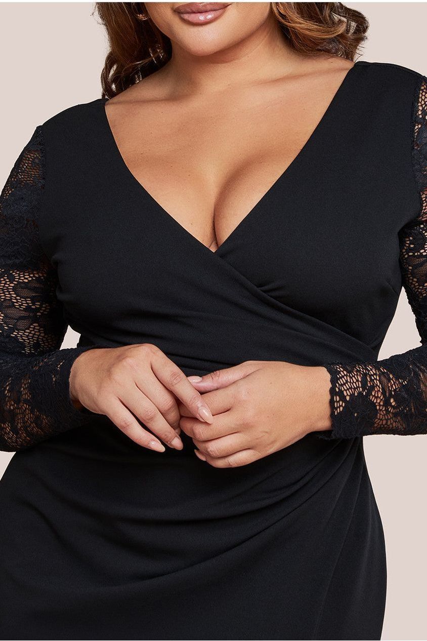 Goddiva Plus Scuba & Lace Wrap Maxi Dress - Black