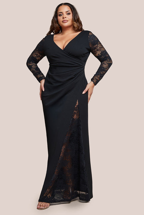 Goddiva Plus Scuba & Lace Wrap Maxi Dress - Black