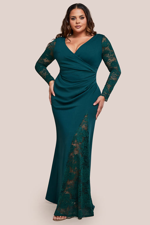 Goddiva Plus Scuba & Lace Wrap Maxi Dress - Emerald