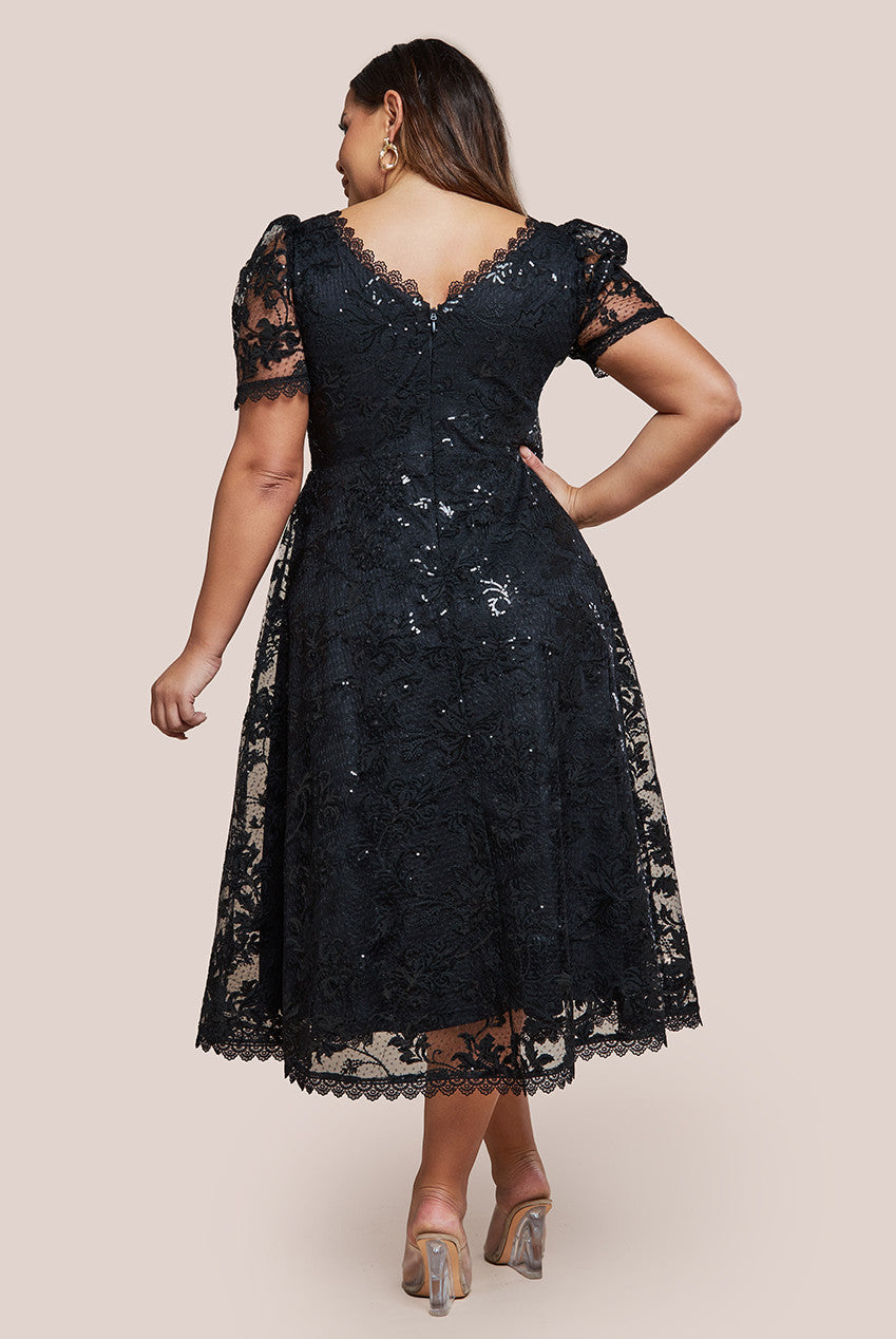 Goddiva Plus Sequin Lace Short Sleeve A-Line Midi Dress - Black