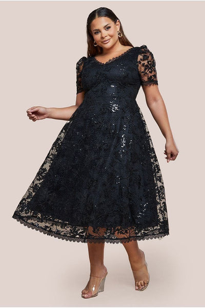 Black - Goddiva Plus Sequin Lace Short Sleeve A-Line Midi Dress - Black