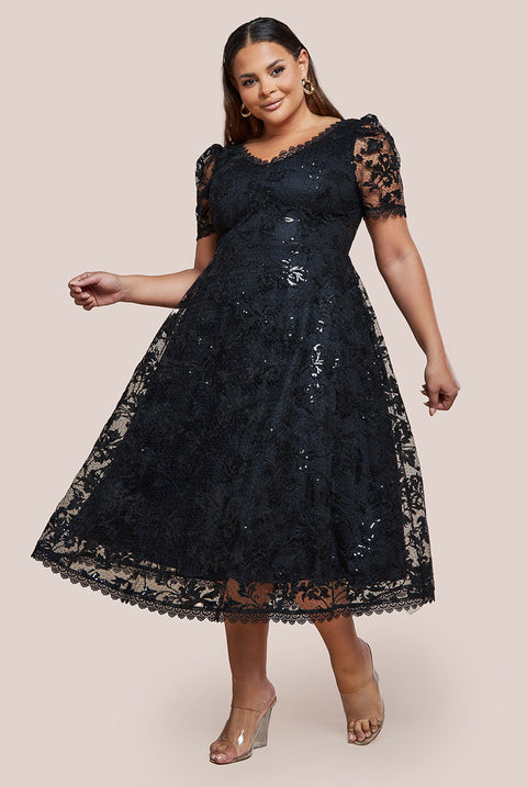 Goddiva Plus Sequin Lace Short Sleeve A-Line Midi Dress - Black