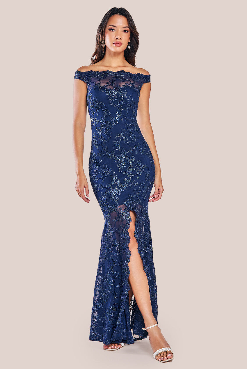 Goddiva Lace Scallop Edge Mermaid Maxi Dress - Navy