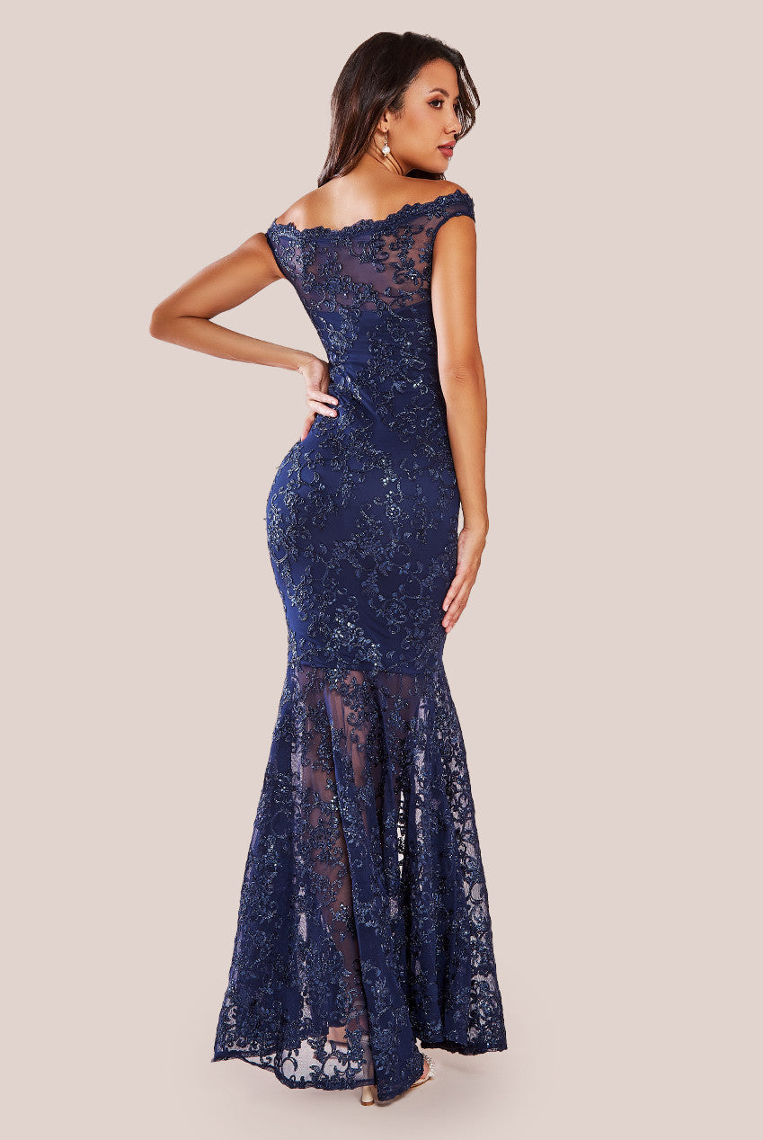 Goddiva Lace Scallop Edge Mermaid Maxi Dress - Navy