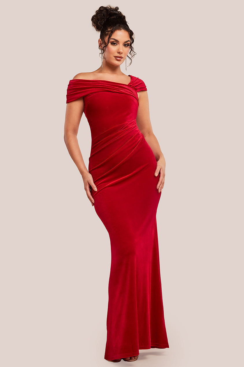 Goddiva One Shoulder Velvet Maxi Dress - Red