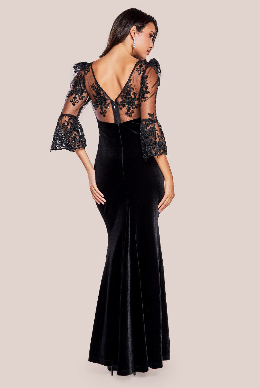 Goddiva Scalloped Lace & Velvet Maxi Dress - Black