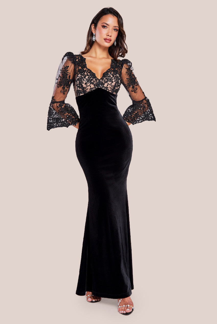 Goddiva Scalloped Lace & Velvet Maxi Dress - Black