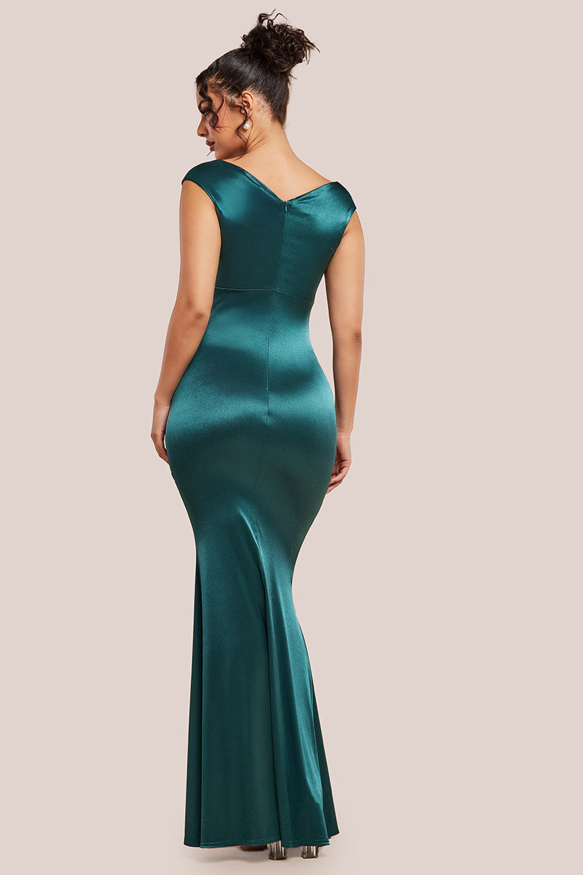 Goddiva Satin Off The Shoulder Maxi Dress - Emerald Green