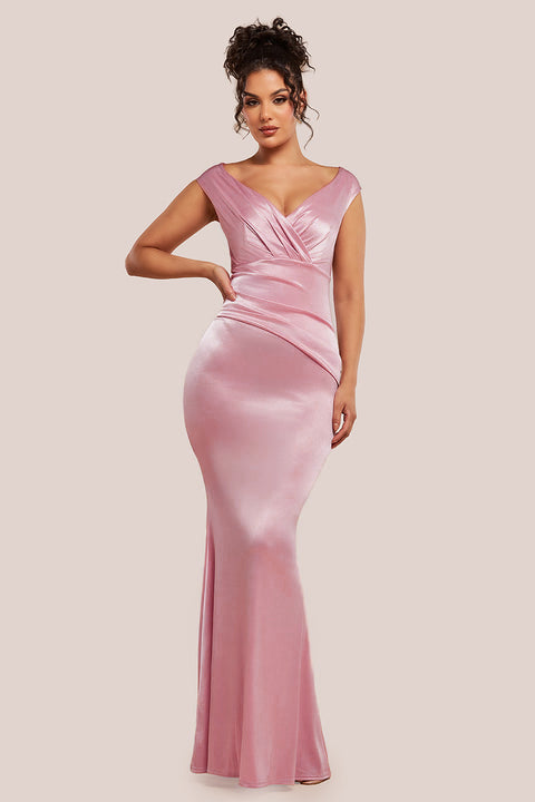 Goddiva Satin Off The Shoulder Maxi Dress - Pink