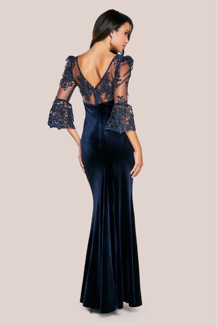 Goddiva Scalloped Lace & Velvet Maxi Dress - Navy