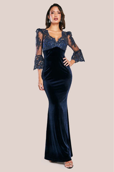 Navy - Goddiva Scalloped Lace & Velvet Maxi Dress - Navy