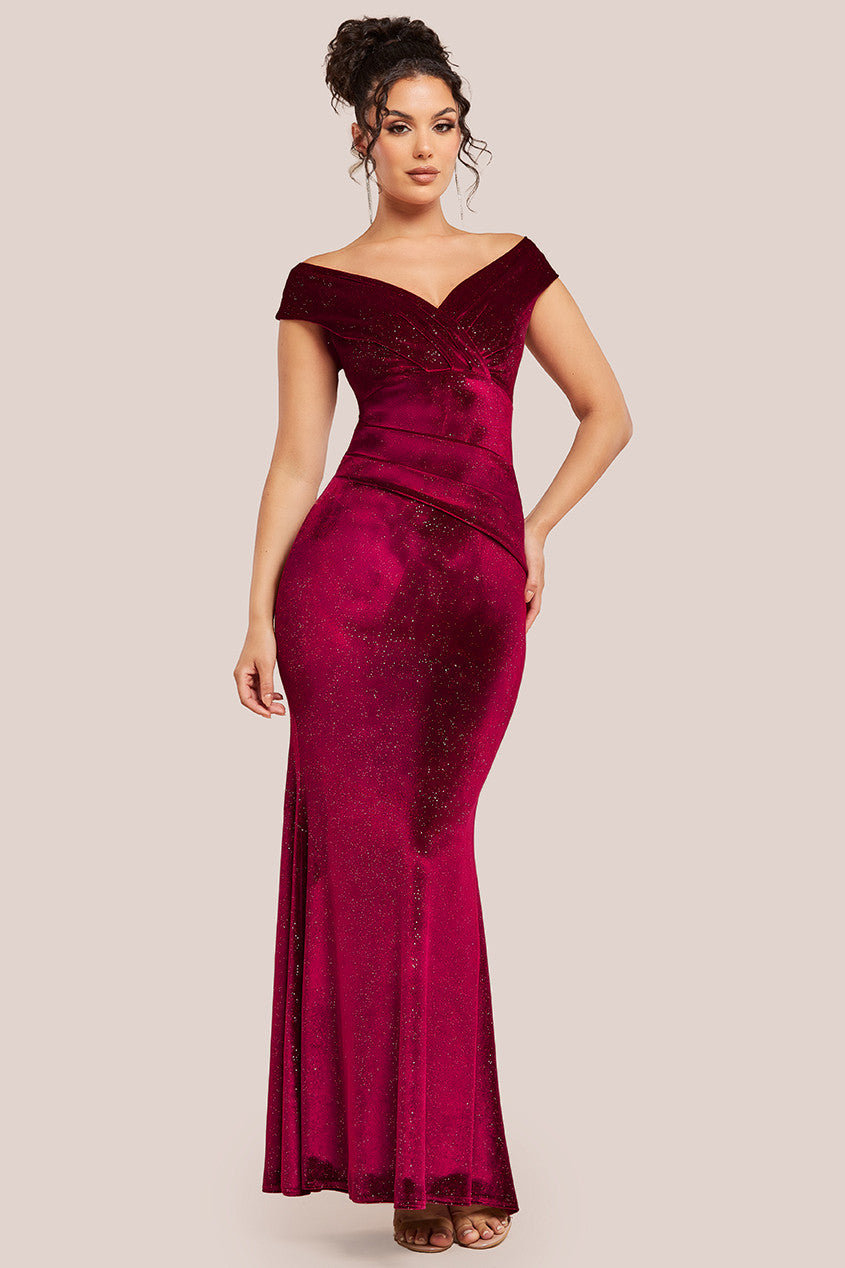 Goddiva Shimmer Velvet Bardot Maxi Dress - Wine