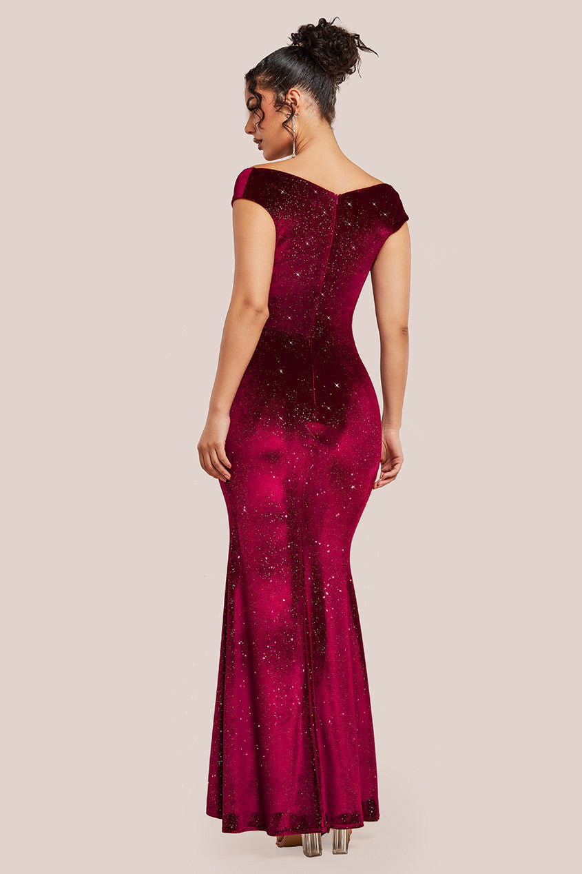 Goddiva Shimmer Velvet Bardot Maxi Dress - Wine