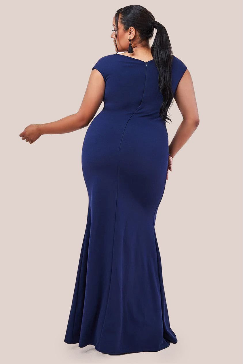 Goddiva Plus Bardot Pleated Maxi Dress - Navy