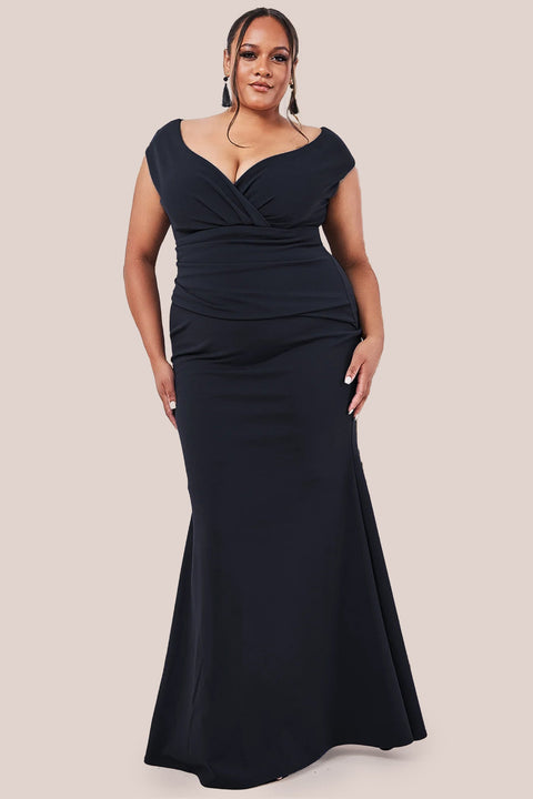 Goddiva Plus Bardot Pleated Maxi Dress - Black