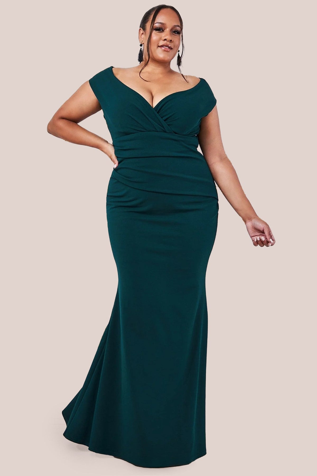 Goddiva Plus Bardot Pleated Maxi Dress - Emerald