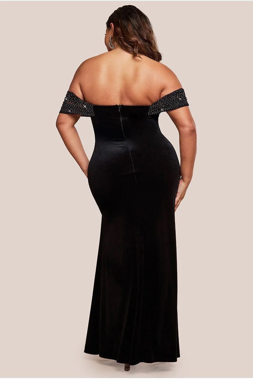 Goddiva Plus Off Shoulder Hotfix Diamante Wing Velvet Maxi Dress - Black