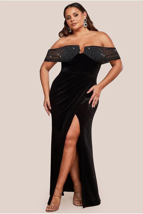 Goddiva Plus Off Shoulder Hotfix Diamante Wing Velvet Maxi Dress - Black