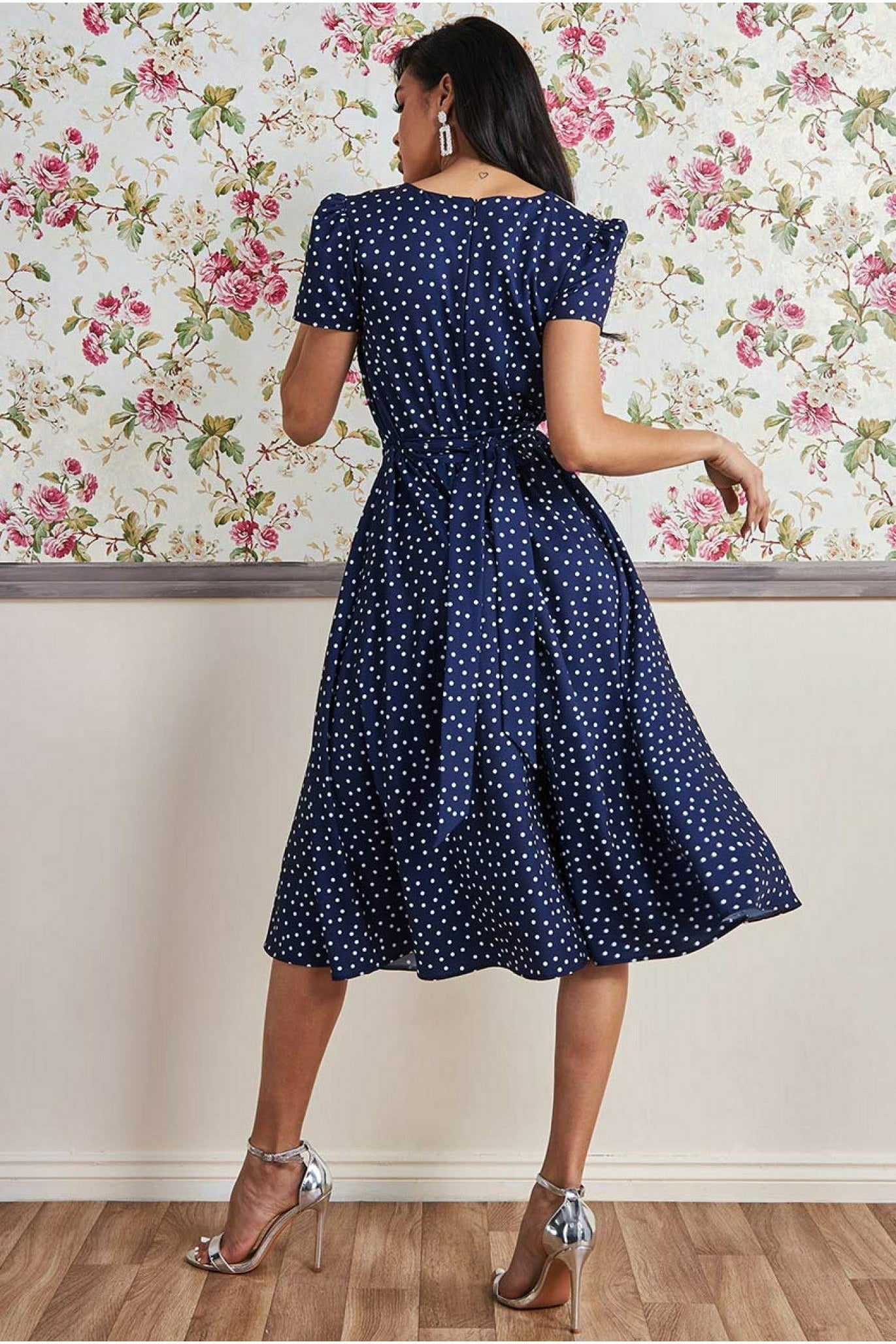 Goddiva Printed Tea Dress With Collar - Navy