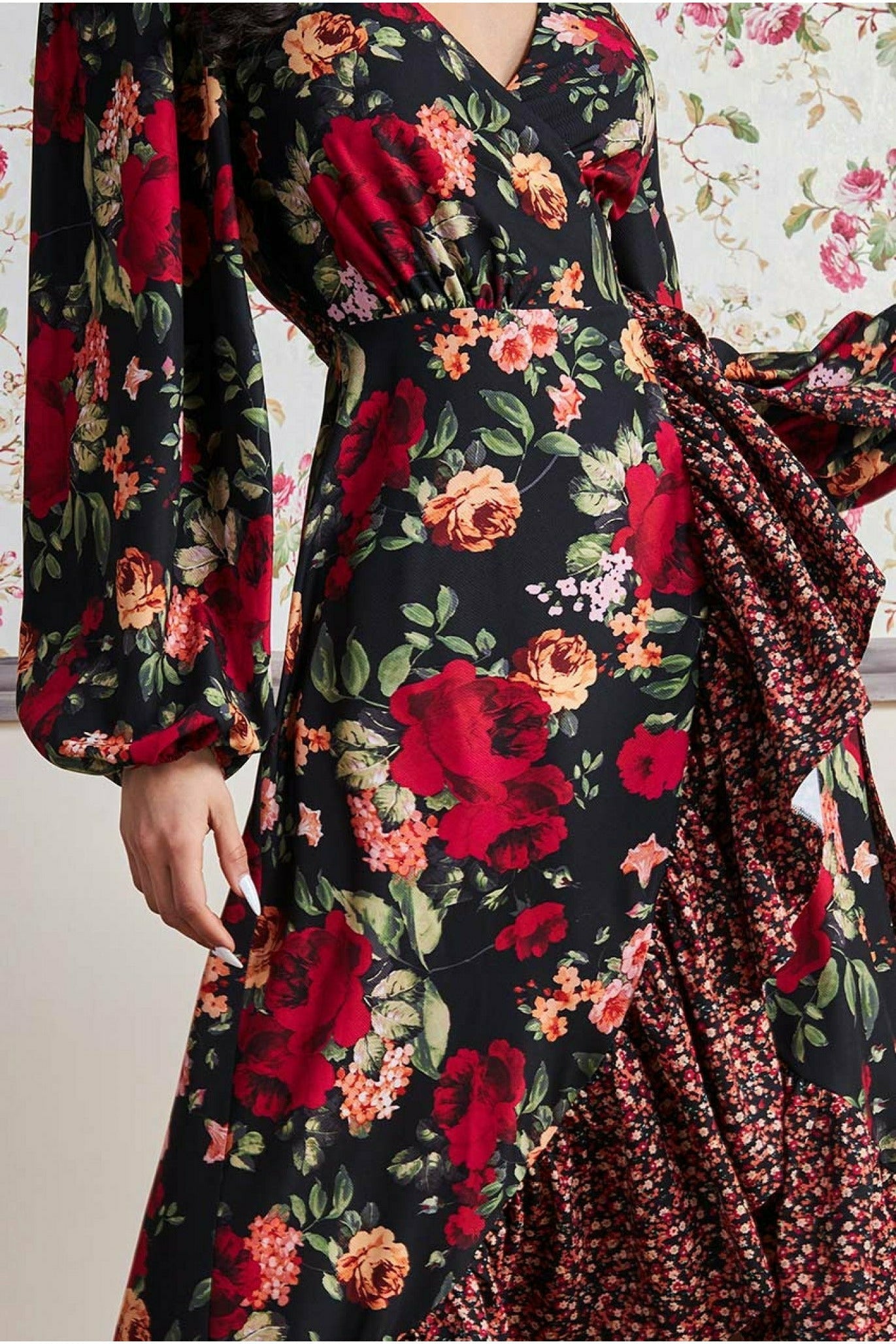 Goddiva Frill Hem Wrap Maxi Dress - Red Print