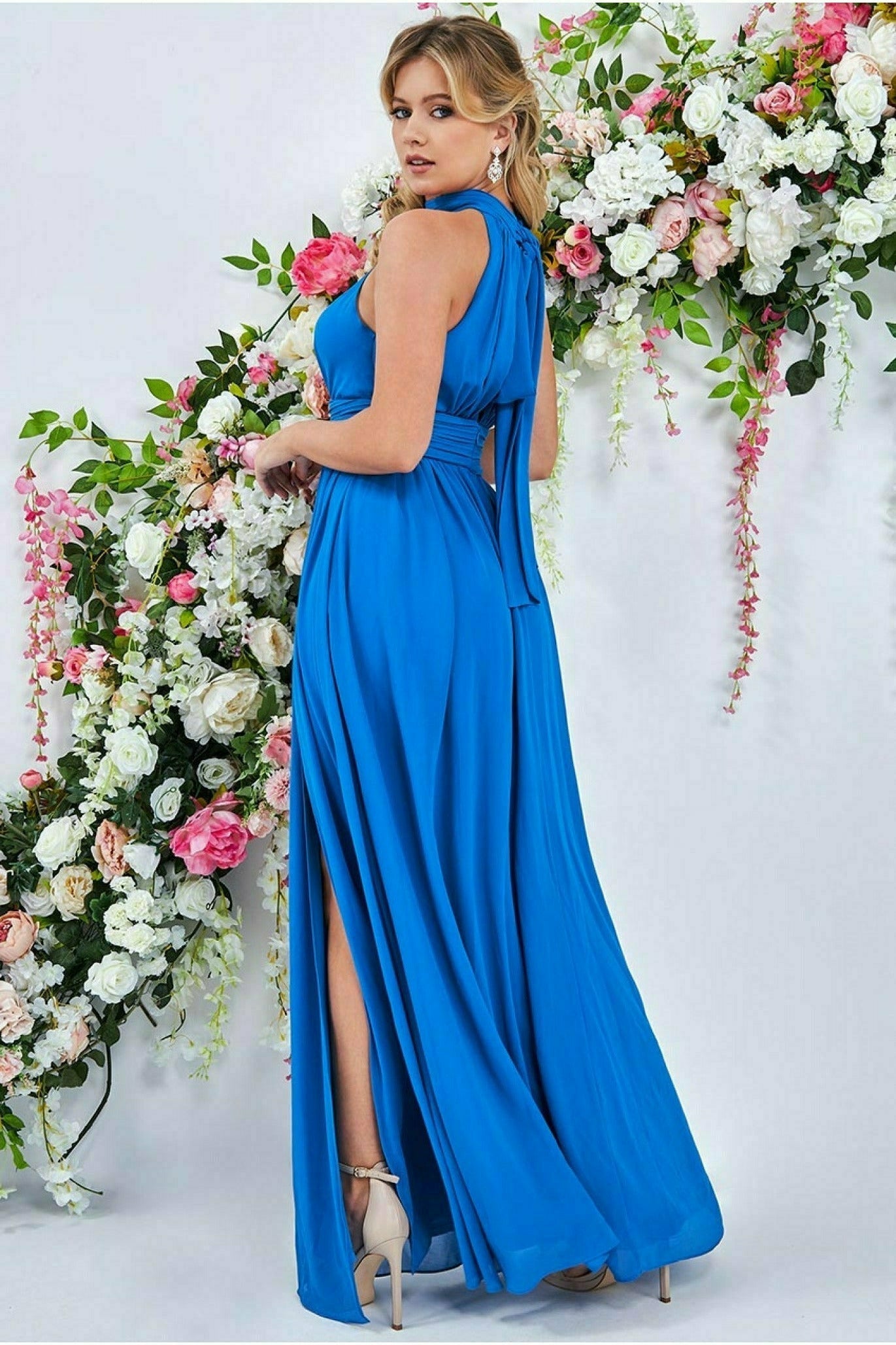 Goddiva Halterneck Chiffon Maxi With Thigh Split - Atlantic Blue