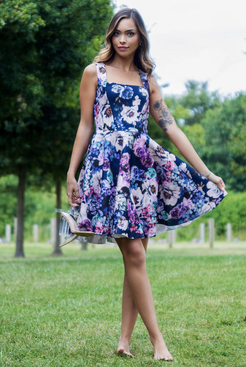 Goddiva Scuba Foam Floral Skater Mini Dress - Navy