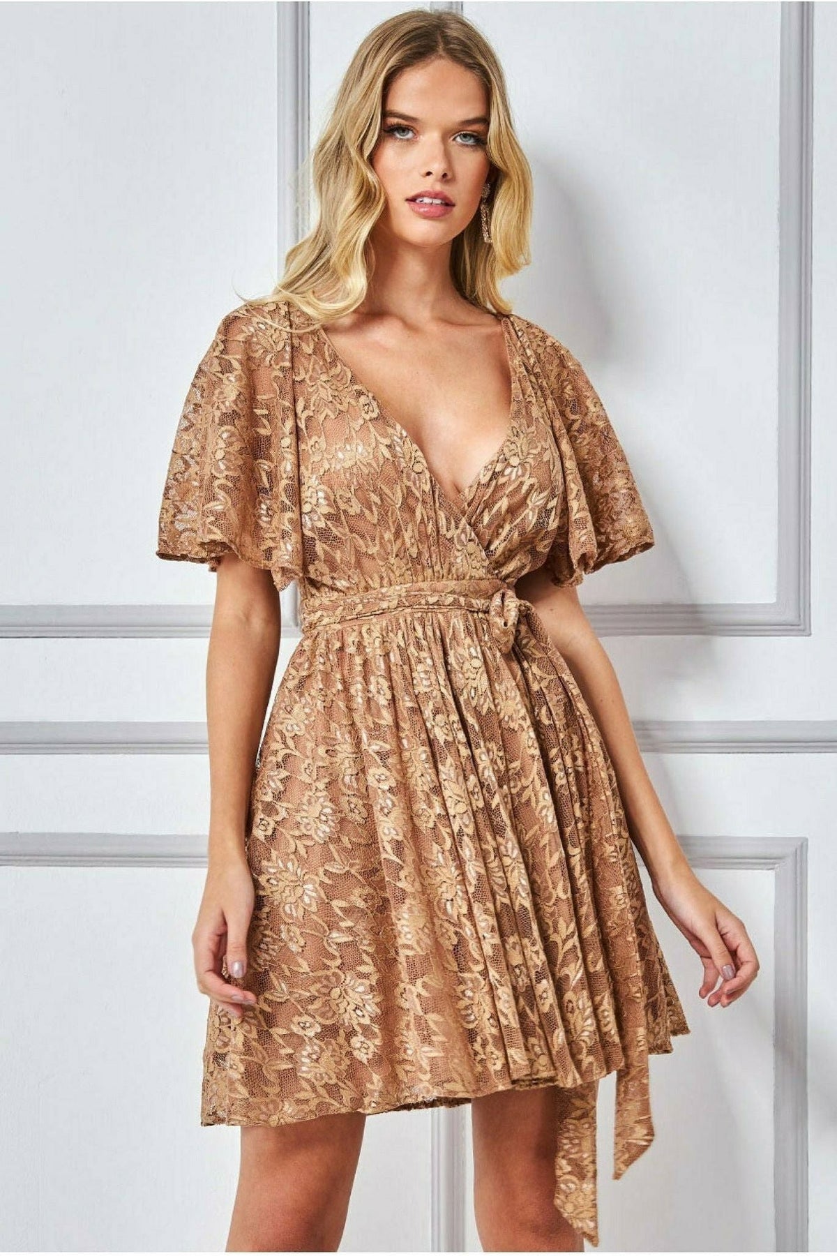 Goddiva Lace Kimono Wrap Skater Mini Dress - Tan