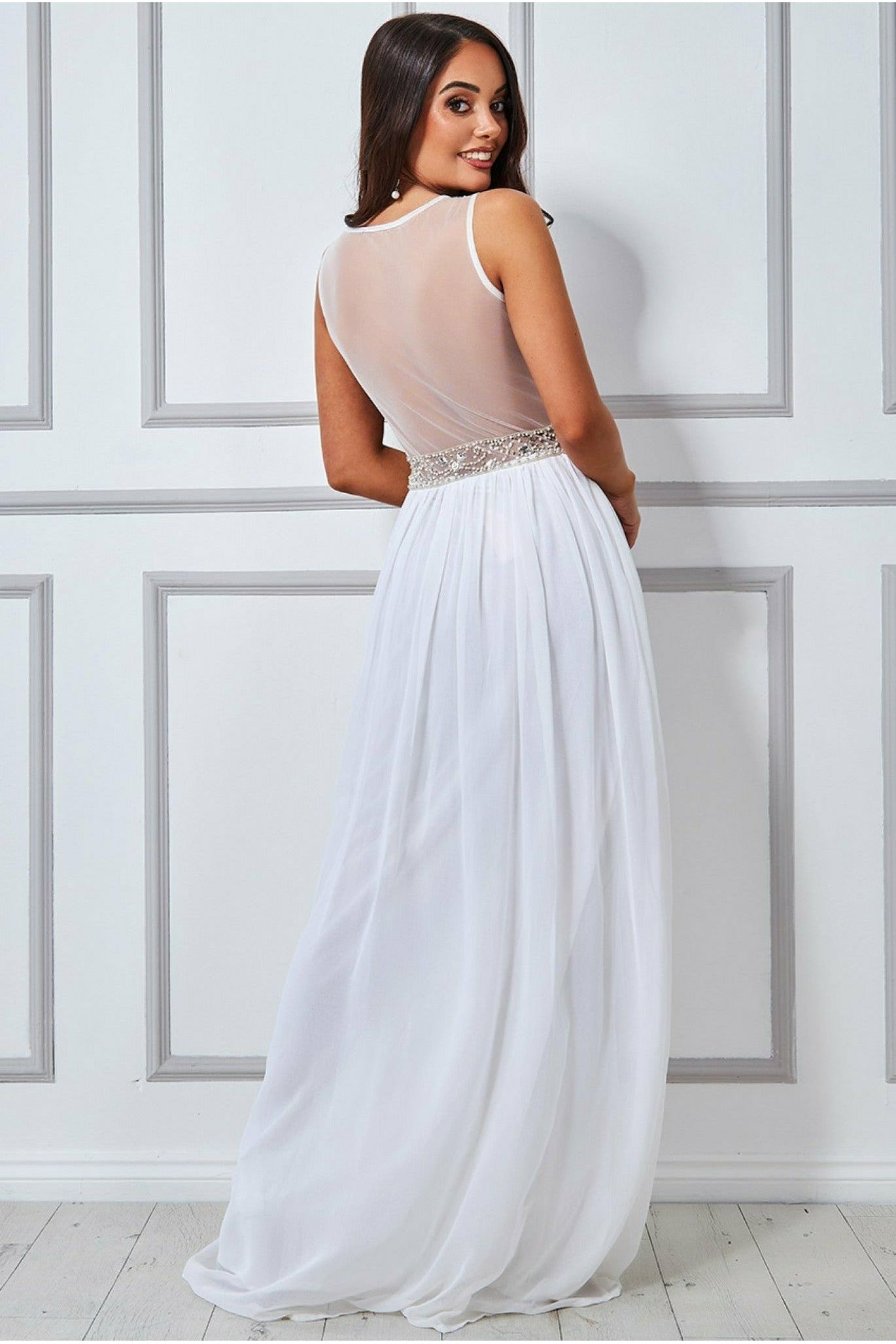 Goddiva Embellished Chiffon Maxi Wedding Dress - Cream