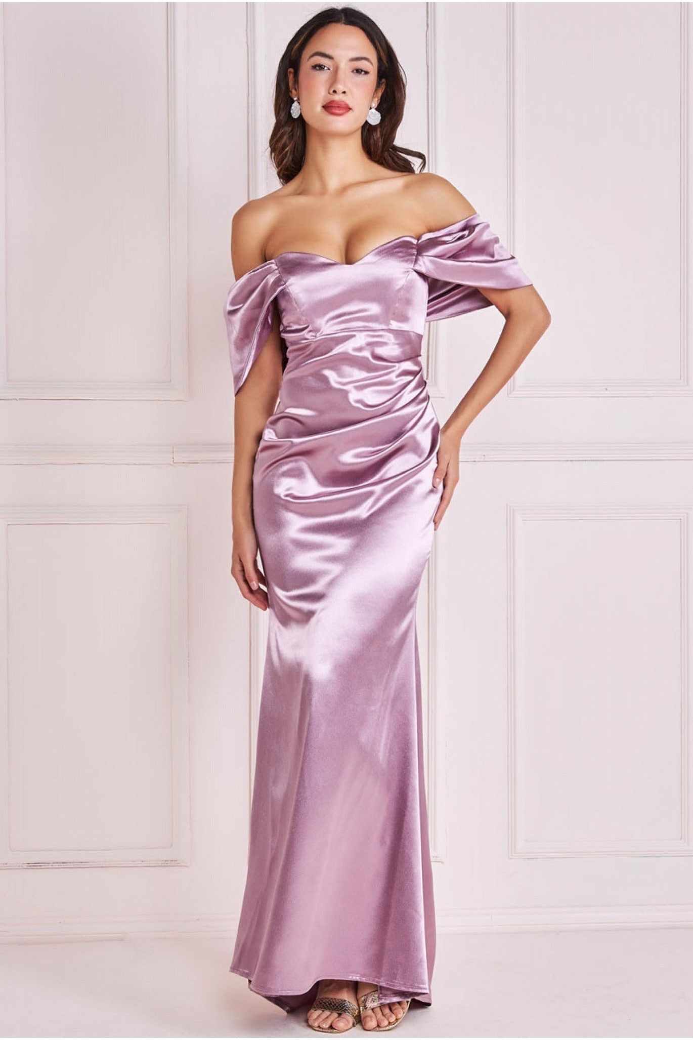 Goddiva Off Shoulder Satin Maxi With V Neck - Rosepink