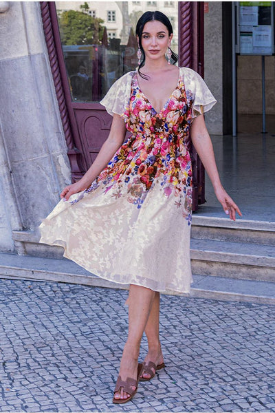 Ivory - Goddiva Floral Flutter Sleeve Wrap Midi Dress - Ivory