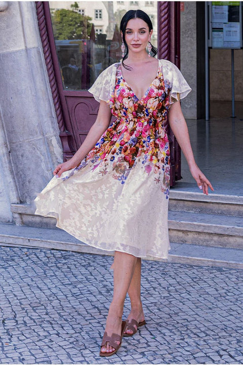 Goddiva Floral Flutter Sleeve Wrap Midi Dress - Ivory