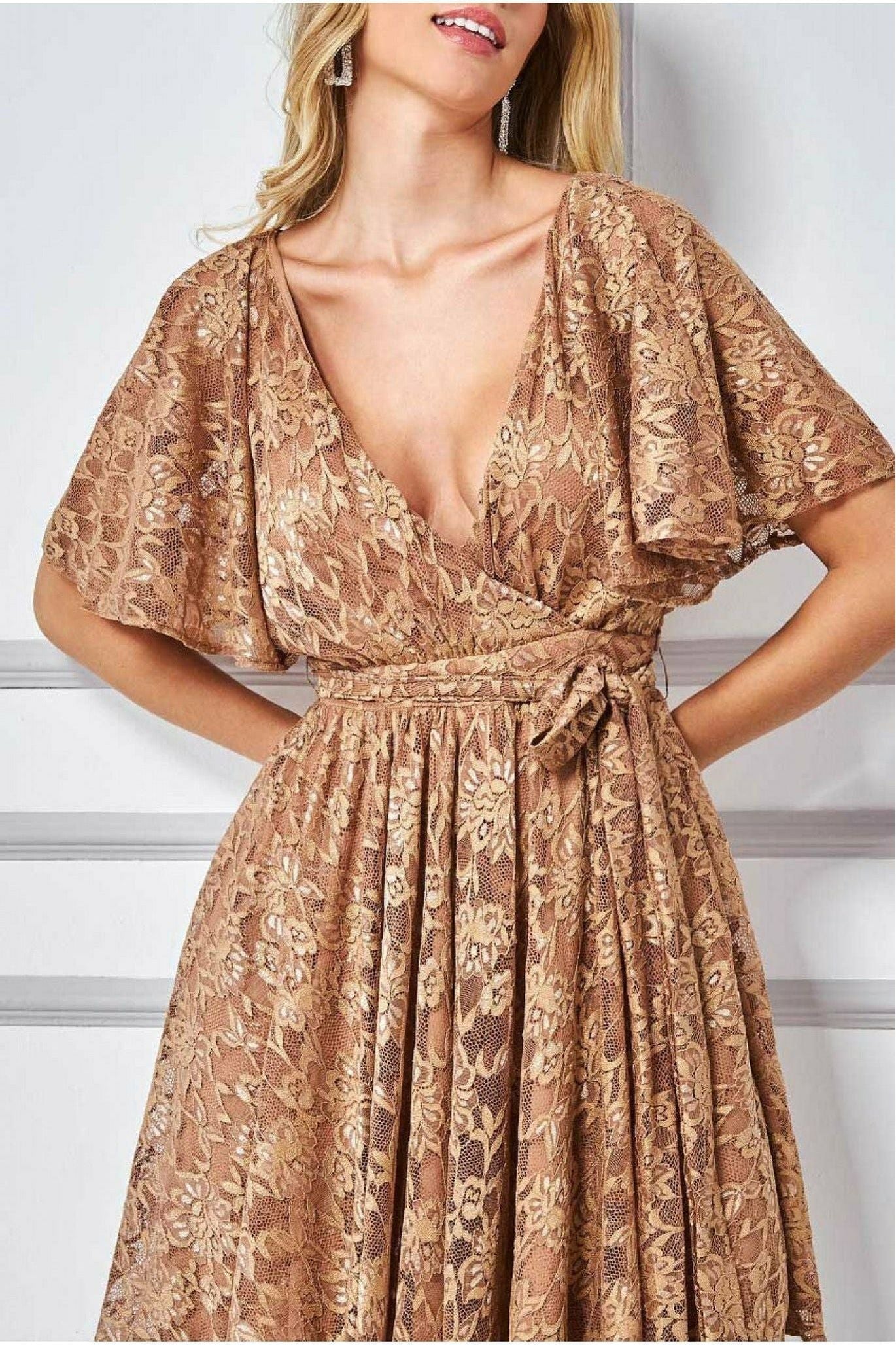 Goddiva Lace Kimono Wrap Skater Mini Dress - Tan