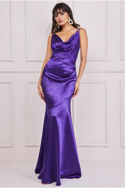 Purple - Goddiva Cowl Neck With Strappy Back Satin Maxi - Purple