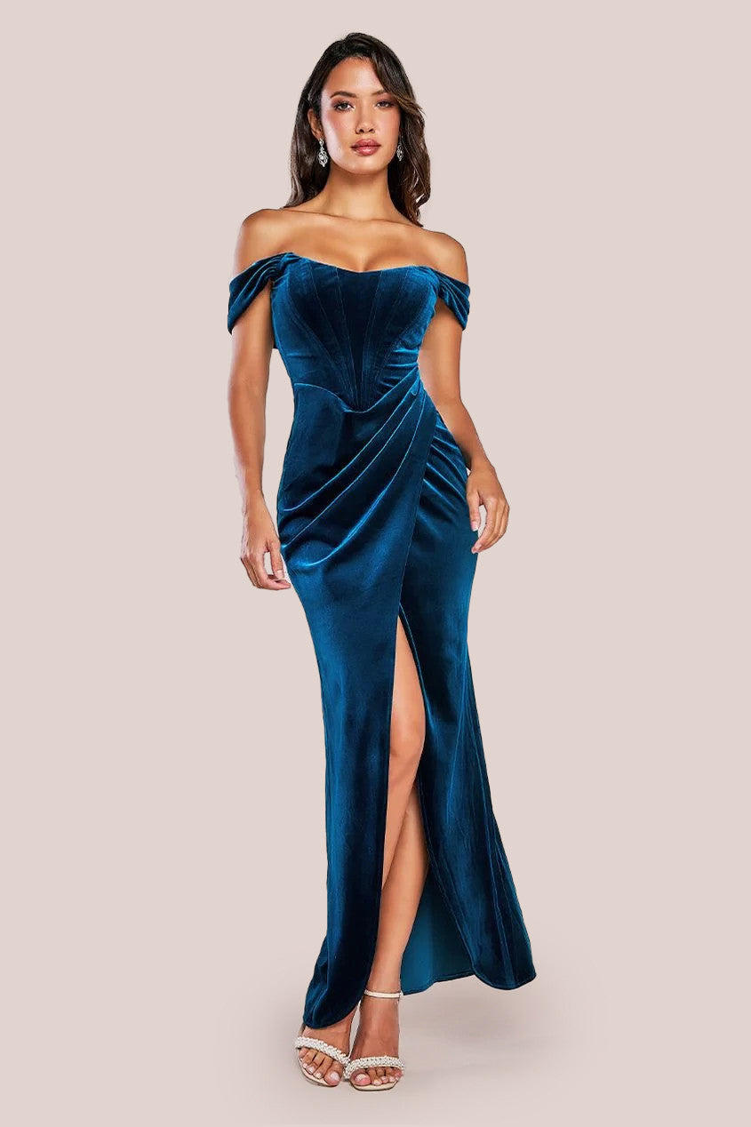 Goddiva Draped Shoulder Velvet Corset Maxi Dress - Teal Blue