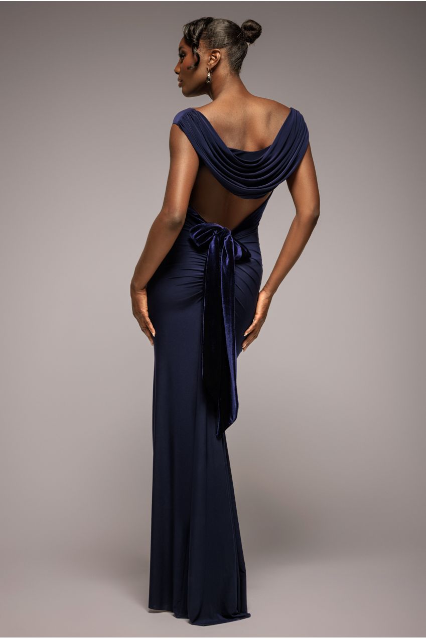 Goddiva Open Back Cowl Neck Gathered Maxi Dress With Velvet Tie Back - Navy Blue