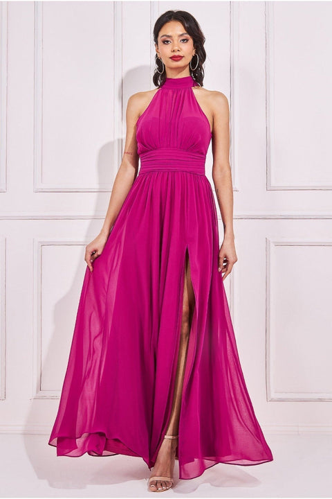 Goddiva Halterneck Chiffon Maxi With Thigh Split - Magenta