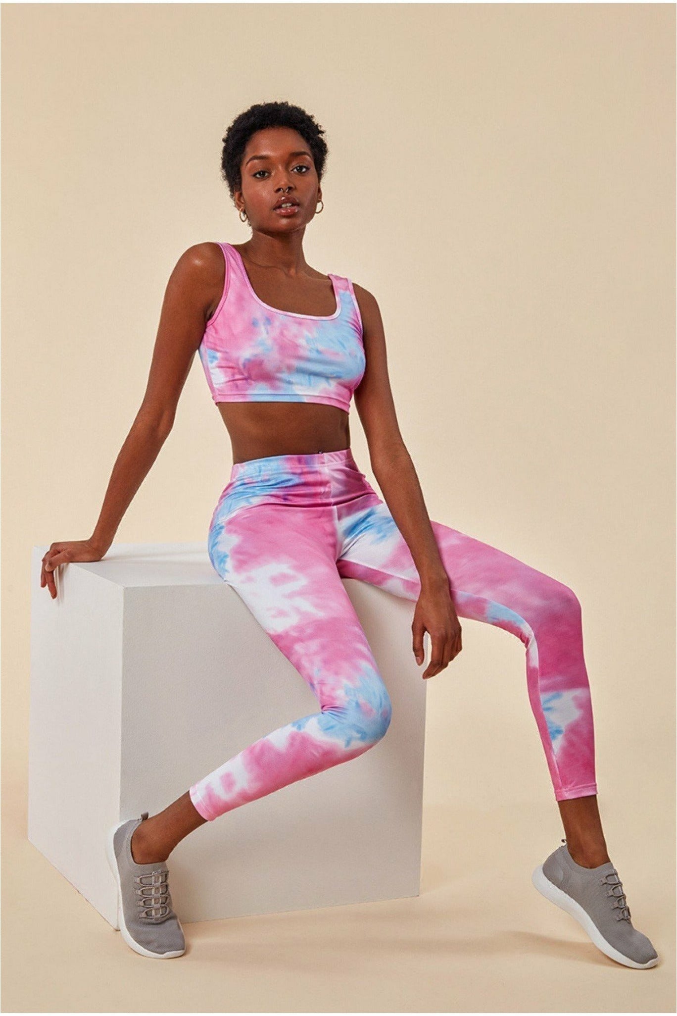 Cosmochic Tie-dye Crop Top With Leggings Set - Pinkblue