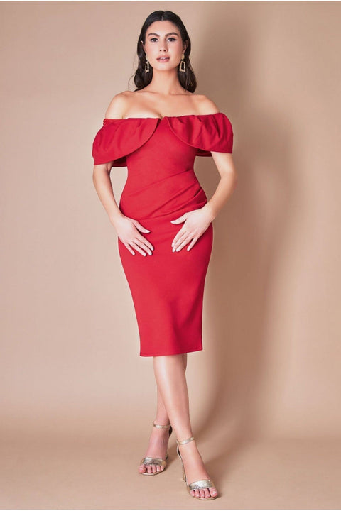 Goddiva Scuba Crepe Pleated Bardot Midi - Red