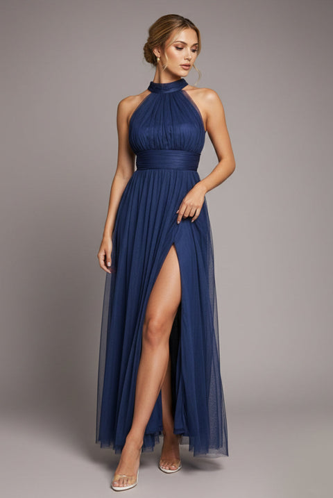 Goddiva Halter Neck Mesh Tie Maxi Dress - Navy Blue