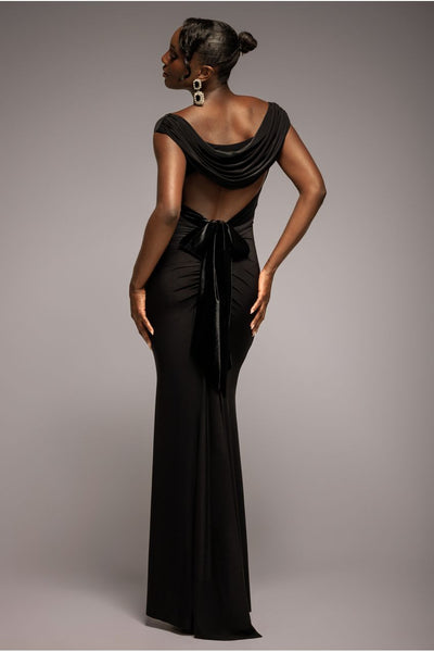 Black - Goddiva Open Back Cowl Neck Gathered Maxi Dress With Velvet Tie Back - Black