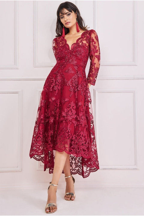 Goddiva Scalloped Lace Dipped Hem Midi Dress - Wine