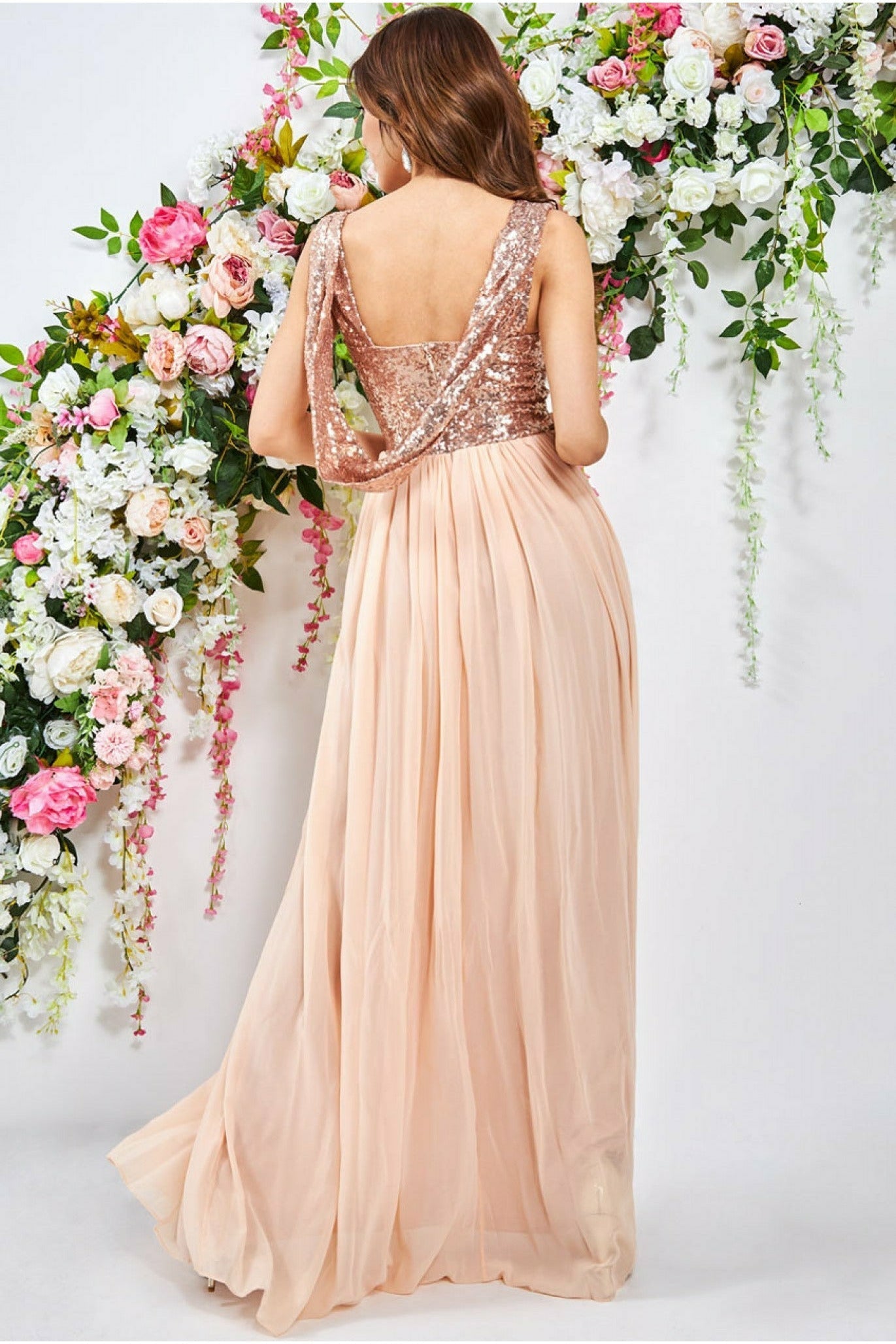 Goddiva Cowl Back Sequin & Chiffon Maxi Dress - Champagne