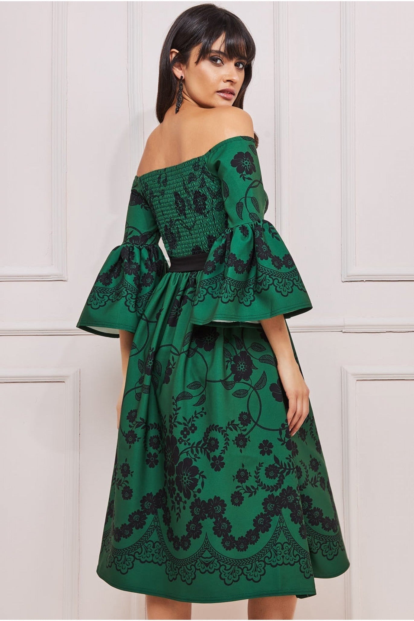 Goddiva Printed Off The Shoulder Midi Dress - Emerald Green