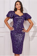 Goddiva Foil Jacquard Puff Sleeve Midi - Purple