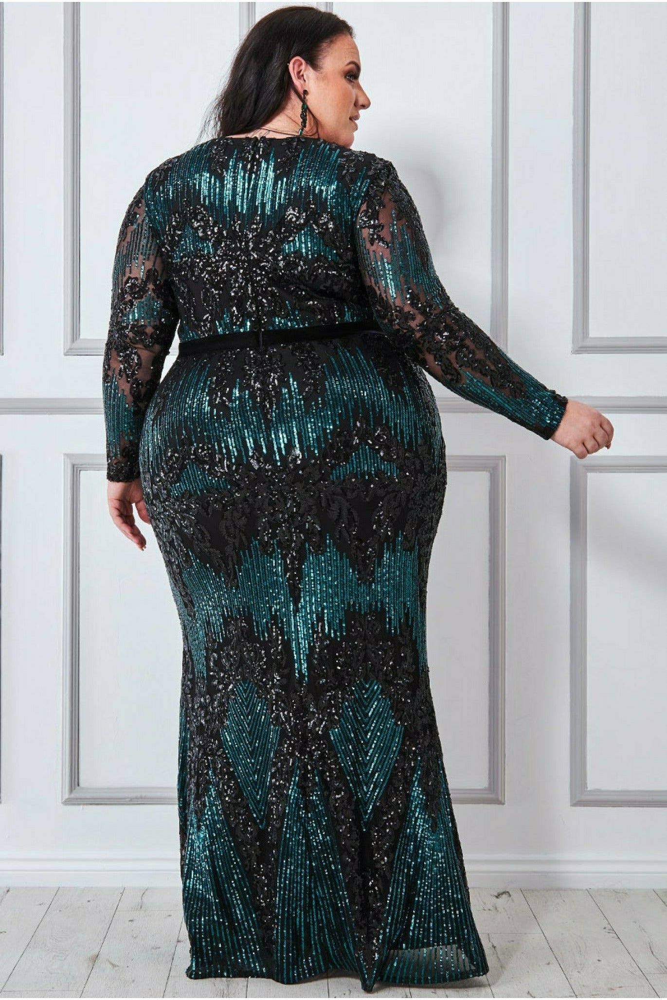 Goddiva Plus Long Sleeve Sequin Evening Maxi - Emerald
