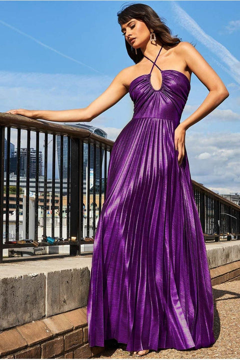 Goddiva Pleated Foil Tie Back Maxi Dress - Purple